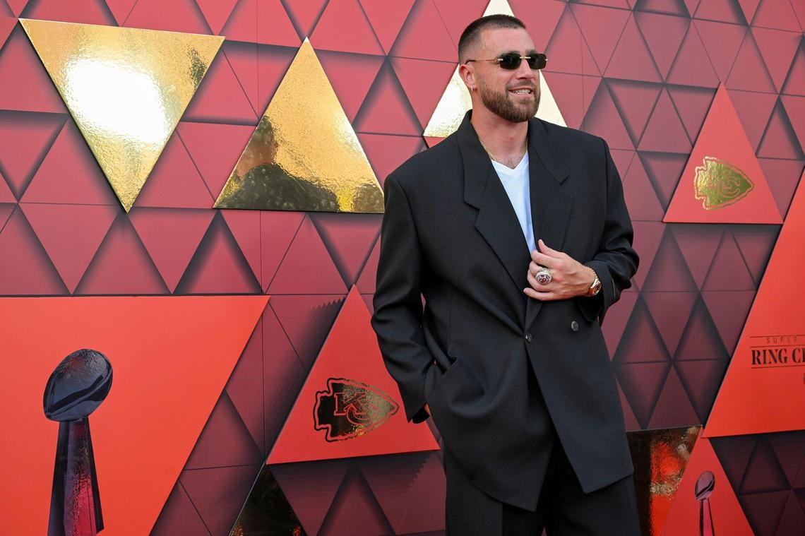 Kansas City Chiefs tight end Travis Kelce walked the red carpet at Union Station for the Super Bowl LVII championship ring ceremony on Thursday, June 15, 2023, in Kansas City.