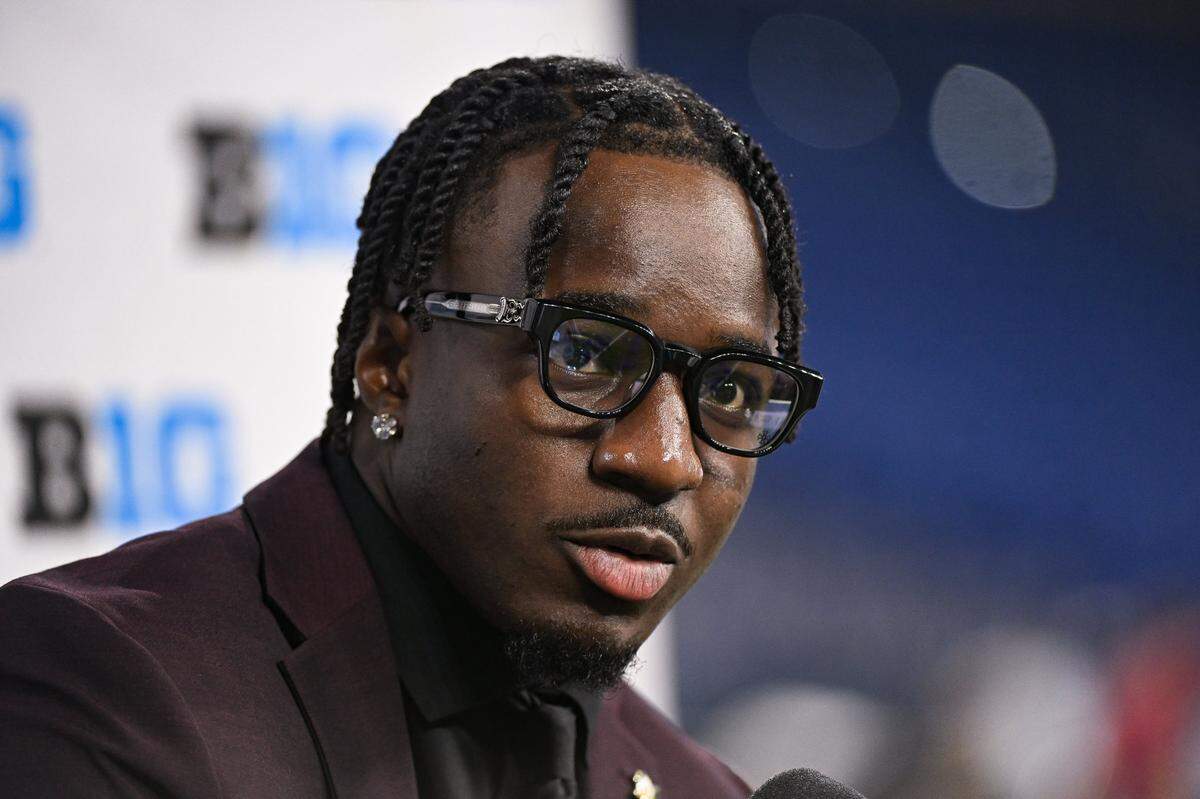 Oregon Ducks linebacker Jeff Bassa speaks to the media during the Big 10 football media day on July 25, 2024, at Lucas Oil Stadium in Indianapolis.