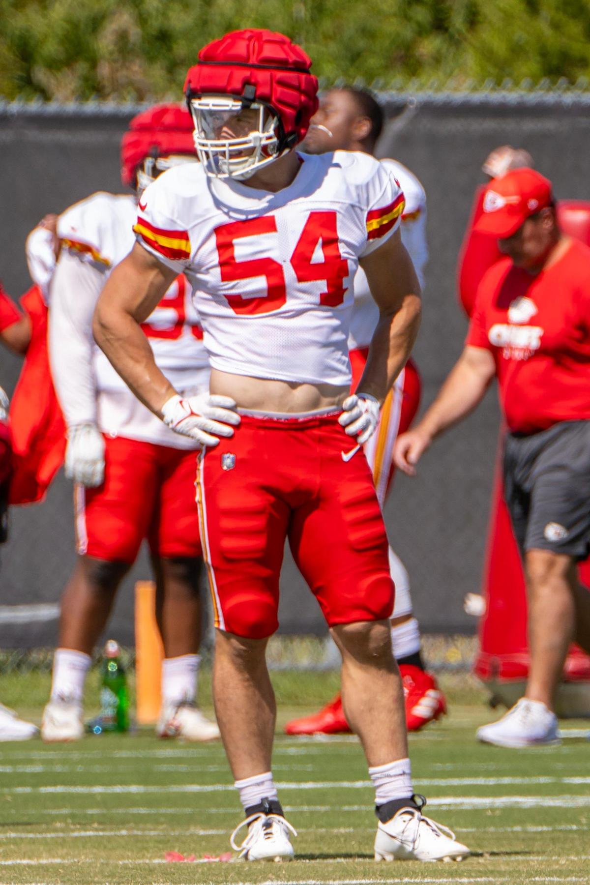 Kansas City Chiefs linebacker Leo Chenal (54) warms up during practice at Chiefs training facility on Wednesday, Sept. 20, 2023, in Kansas City.