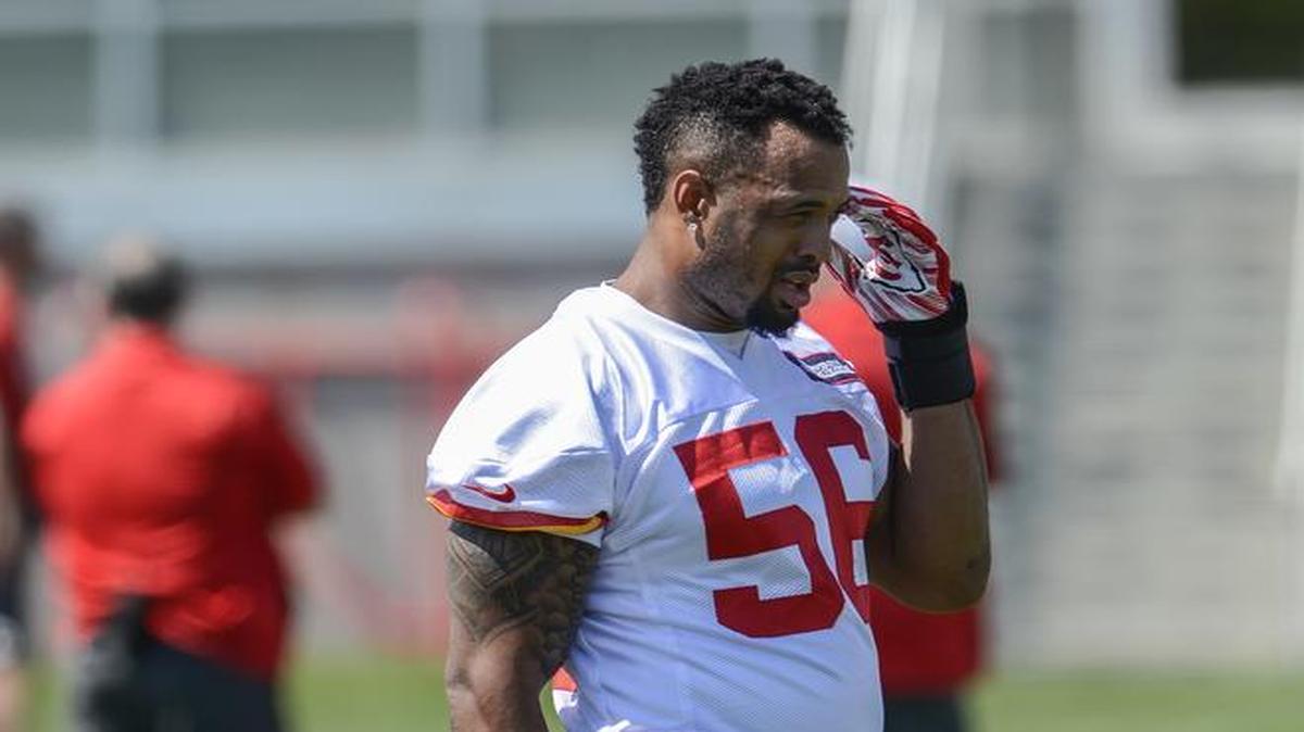 
Kansas City Chiefs linebacker Derrick Johnson waited for his turn at practice during team organized team activities (OTA) at the Arrowhead practice facility on May 27, 2015.

