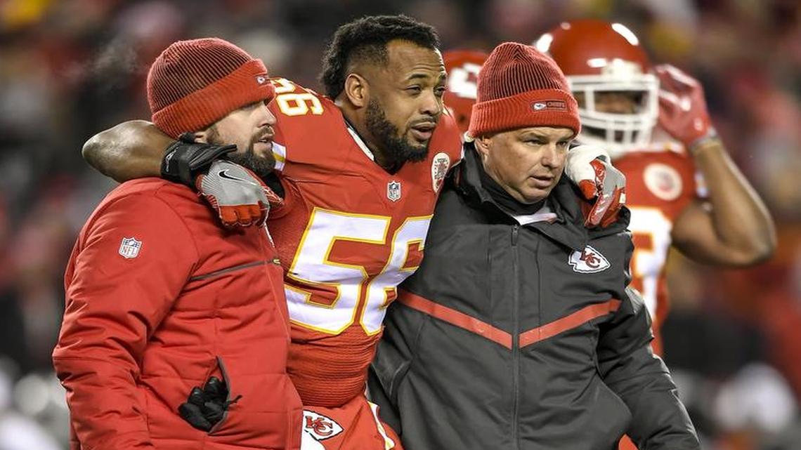 Kansas City Chiefs inside linebacker Derrick Johnson (56) was carried off the field in the second quarter against the Oakland Raiders after again rupturing his Achilles tendon on December 8, 2016 at Arrowhead Stadium in Kansas City, Mo.