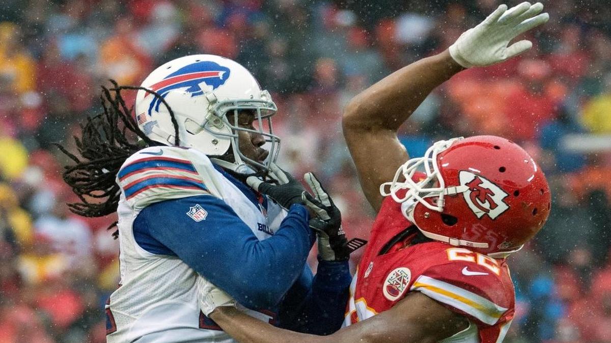 Buffalo Bills wide receiver Sammy Watkins couldn’t hold this a pass under pressure from Chiefs cornerback Marcus Peters in the second quarter of Sunday’s game.