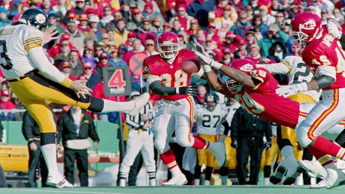 The Kansas City Chiefs’ Keith Cash blocked a punt by the Pittsburgh Steelers’ Mark Royals in the fourth quarter during their AFC Wild Card playoff game on January 8, 1994 at Arrowhead Stadium in Kansas City, Mo.