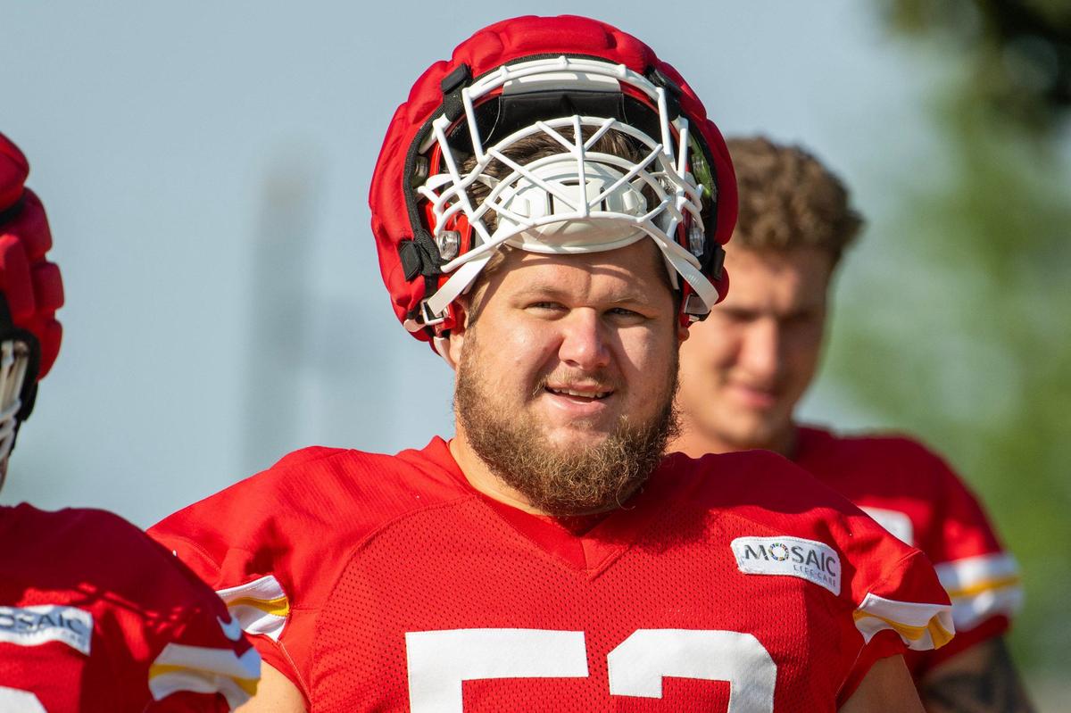 Kansas City Chiefs center Creed Humphrey (52) walks down to the field for practice at Chiefs training camp on Monday, July 29, 2024, in St. Joseph.