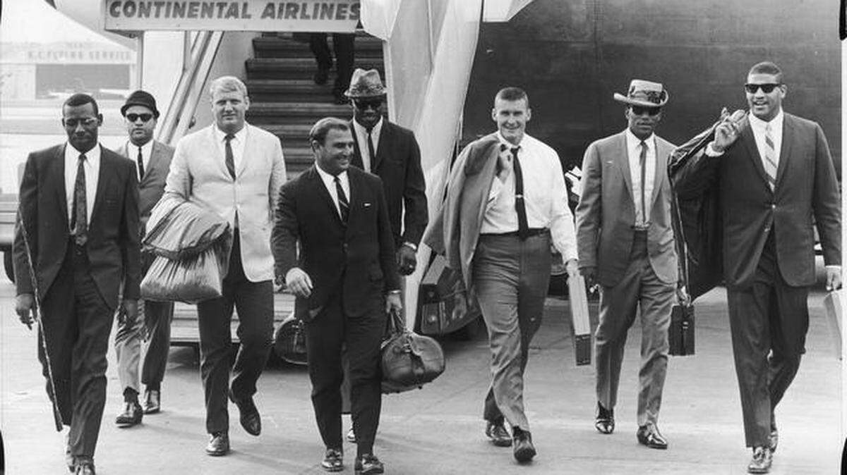 These were some of the faces of the Chiefs in 1966, several years before their Super Bowl IV victory over the Minnesota Vikings. At that time, the team included such men as (left to right) Willie Mitchell, Sandy Stephens, Wayne Frazier, coach Hank Stram, Bobby Bell, Chris Burford, Fred Williamson and Buck Buchanan.