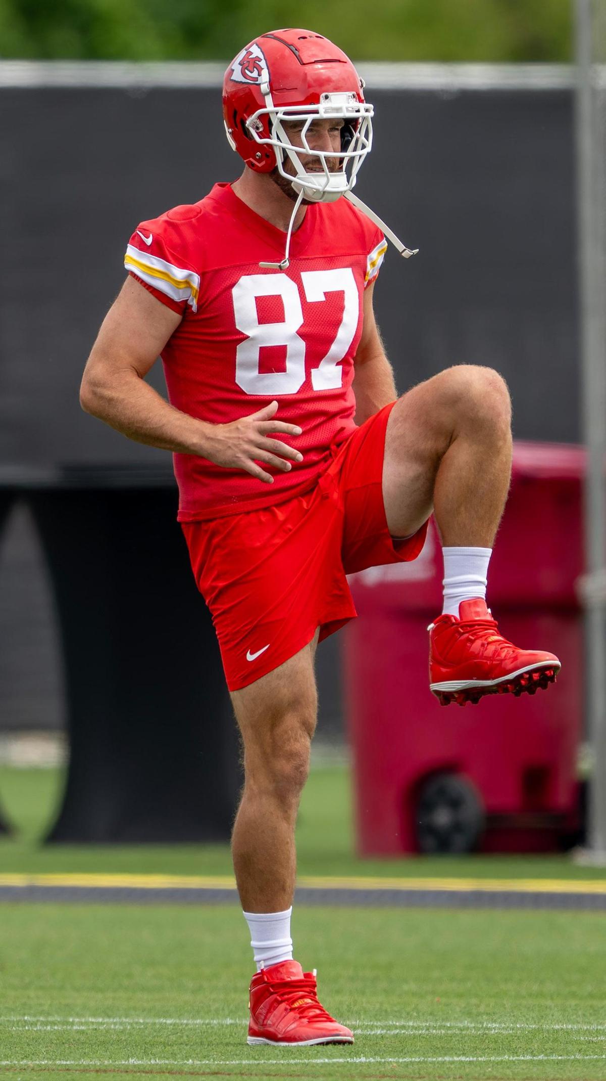 Kansas City Chiefs tight end Travis Kelce (87) stretches during minicamp at the team’s training facility on Wednesday, June 18, 2025, in Kansas City.