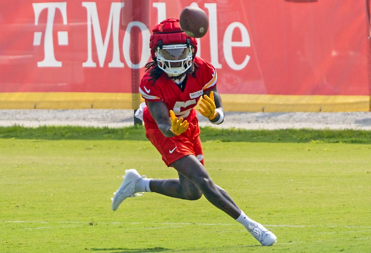 Chiefs wide receiver Hollywood Brown goes for a pass during training camp at Missouri Western State University on Wednesday, July 24, 2024, in St. Joseph.