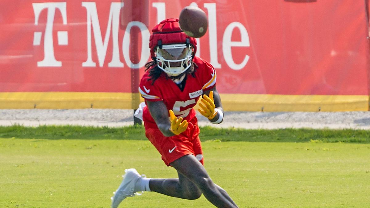 Chiefs wide receiver Hollywood Brown goes for a pass during training camp at Missouri Western State University on Wednesday, July 24, 2024, in St. Joseph.