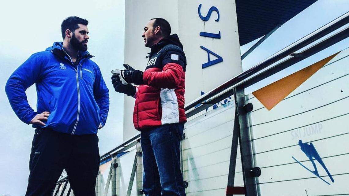 Chiefs lineman Laurent Duvernay-Tardif, left, has been a fixture around this month’s Olympic venues in South Korea as a reporter for Canadian radio.