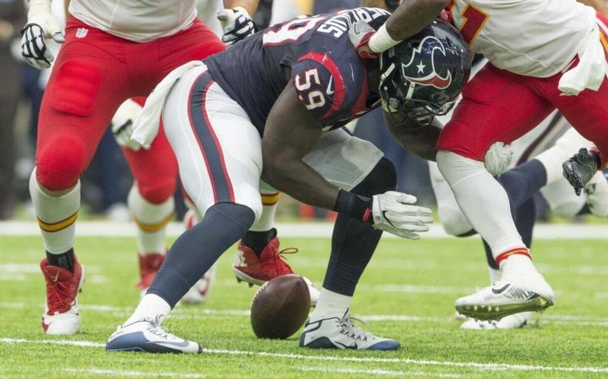 Houston Texans outside linebacker Whitney Mercilus hammered Kansas City Chiefs running back Spencer Ware, who had fumbled during the second quarter of Sunday’s game.