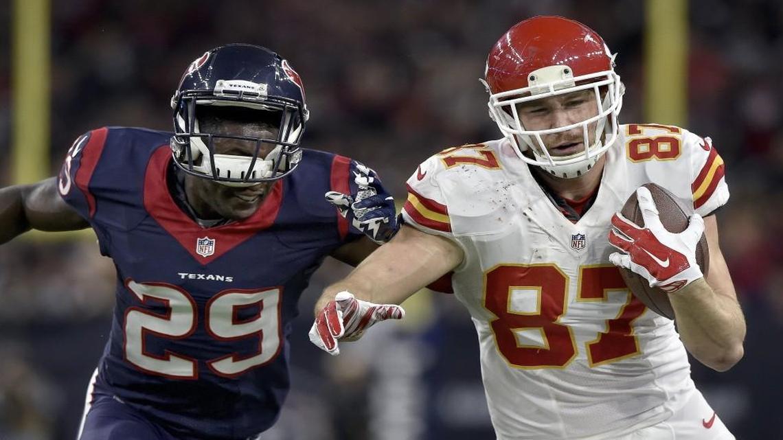 Kansas City Chiefs tight end Travis Kelce ran from Houston Texans free safety Andre Hal during a playoff game earlier this year.