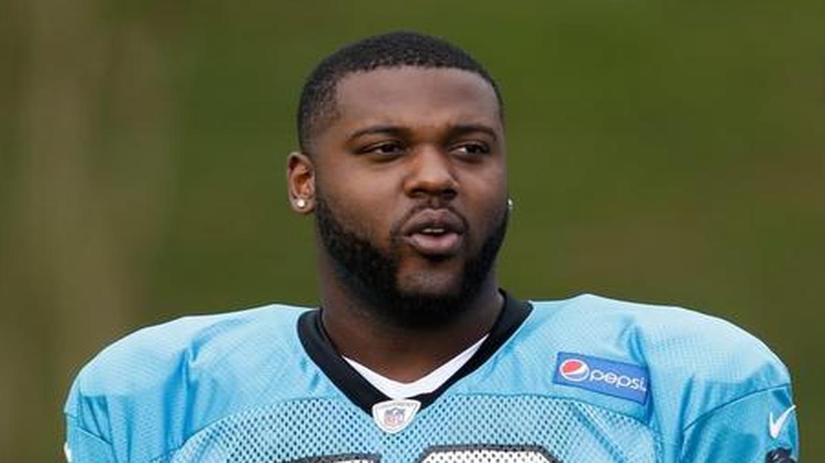 Offensive tackle Donald Hawkins took the field during training camp for the Carolina Panthers last July in Spartanburg, S.C.