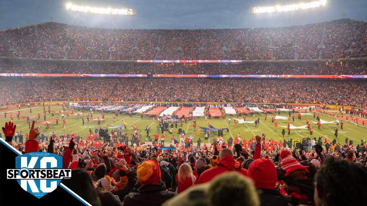 Kansas City Chiefs fans celebrate the national anthem before the AFC Championship Game against the Cincinnati Bengals at GEHA Field at Arrowhead Stadium on Sunday, Jan. 29, 2023, in Kansas City.