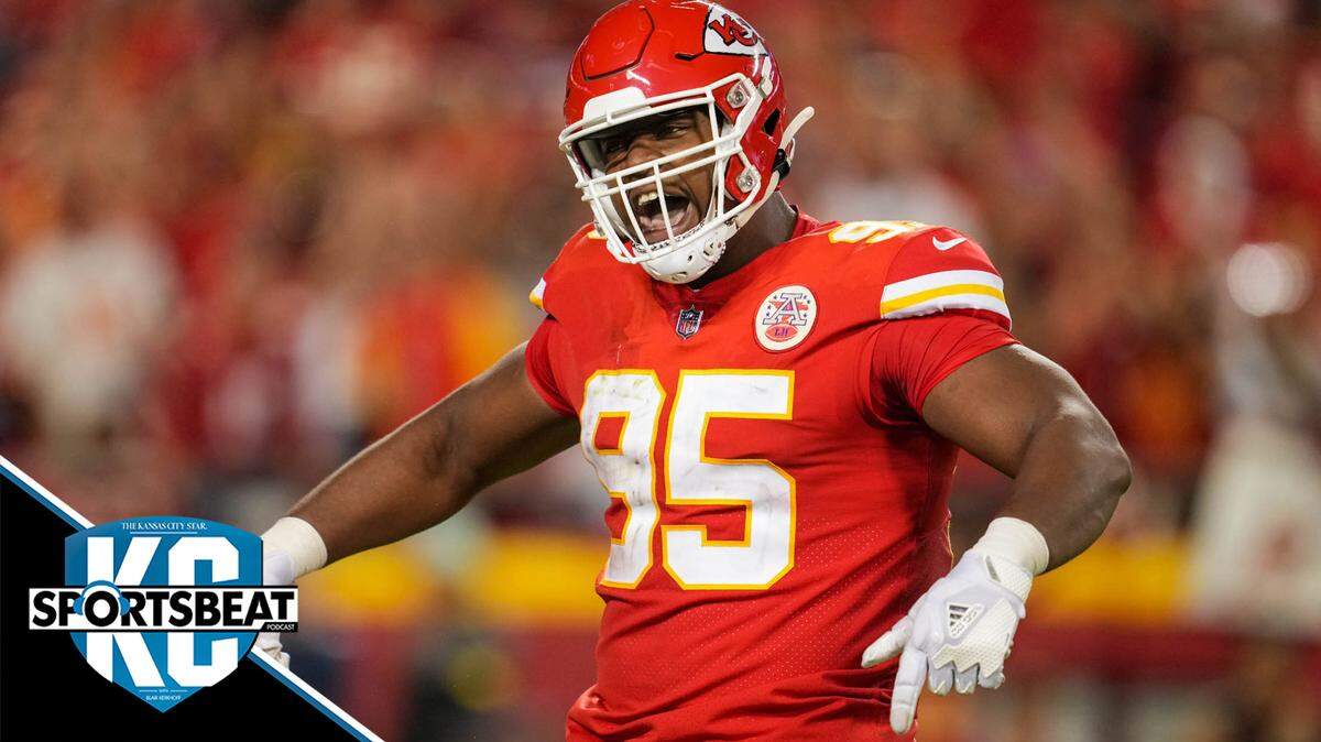 Oct 10, 2022; Kansas City, Missouri, USA; Kansas City Chiefs defensive tackle Chris Jones (95) celebrates after a delay of game penalty on the Las Vegas Raiders during the second half at GEHA Field at Arrowhead Stadium. Mandatory Credit: Jay Biggerstaff-USA TODAY Sports