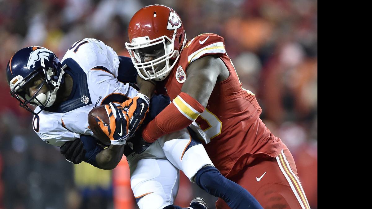
Chiefs outside linebacker Justin Houston dropped Denver Broncos kicker Connor Barth for a loss in the first quarter on Nov. 30 at Arrowhead Stadium.

