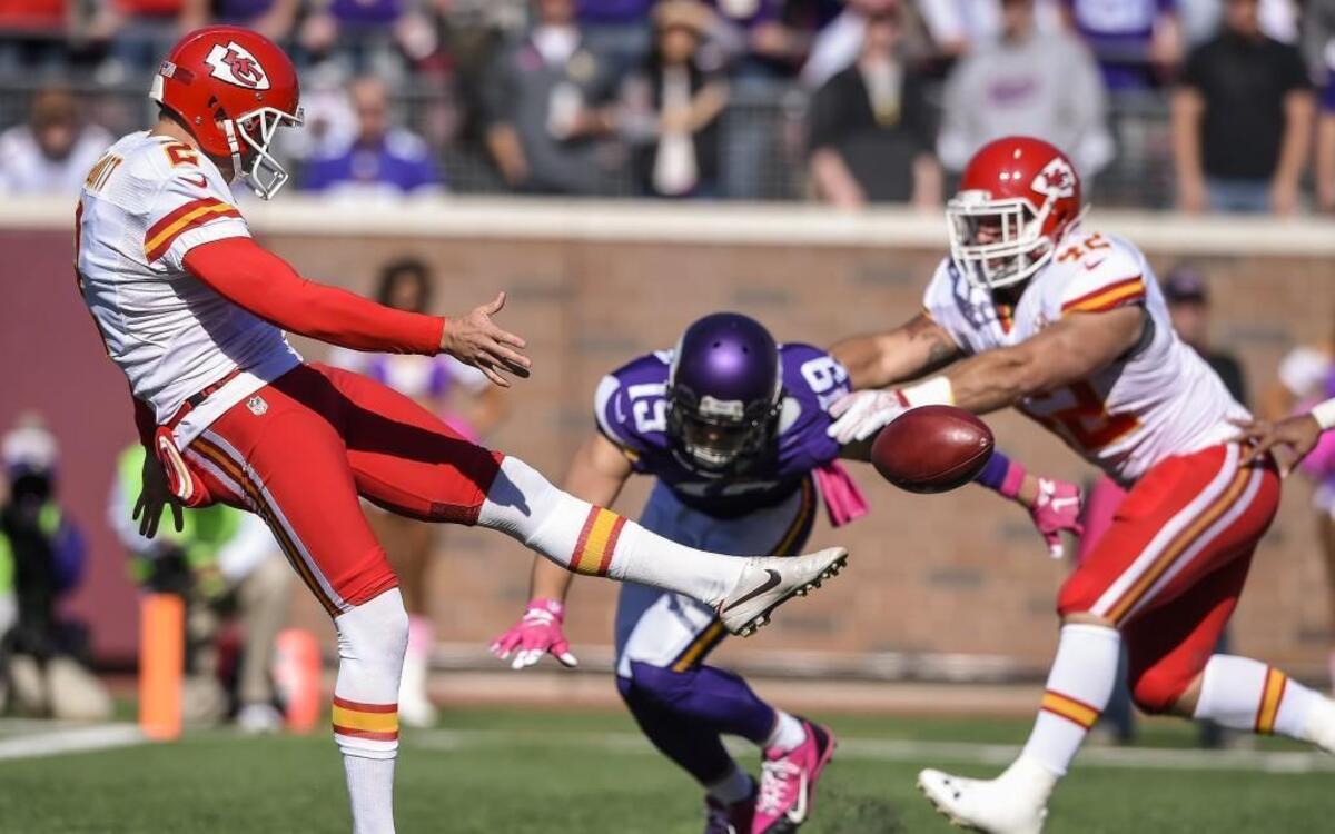 The Chiefs’ Dustin Colquitt punted during the Oct. 18 game against the Vikings in Minneapolis.