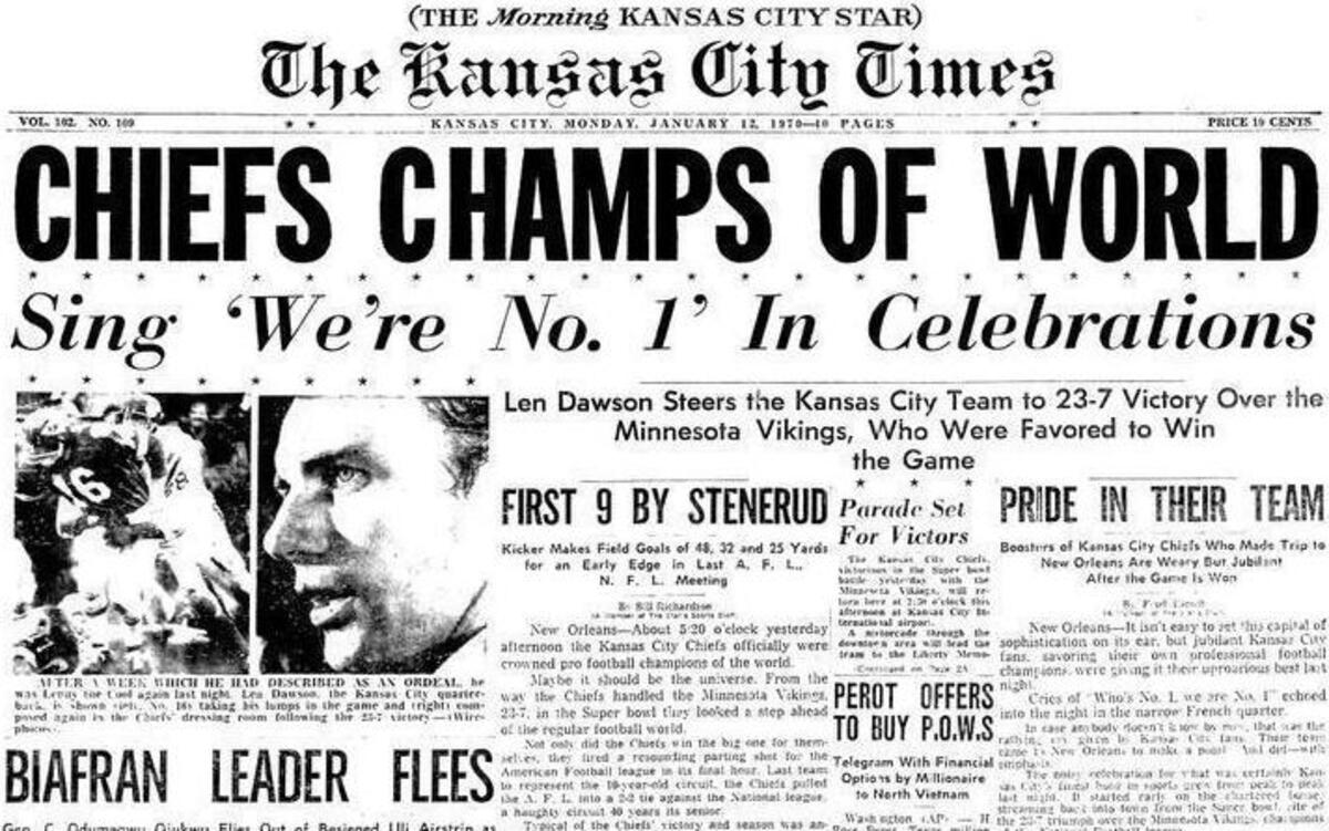 The front page of the morning Kansas City Times on Jan. 12, 1970 proclaimed the Chiefs “Champs of the world.”