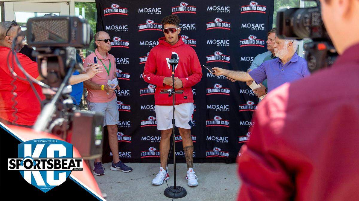Kansas City Chiefs quarterback Patrick Mahomes speaks to reporters at Missouri Western State University during the first day of training camp on Tuesday, July 18, 2023, in St. Joseph, Mo.