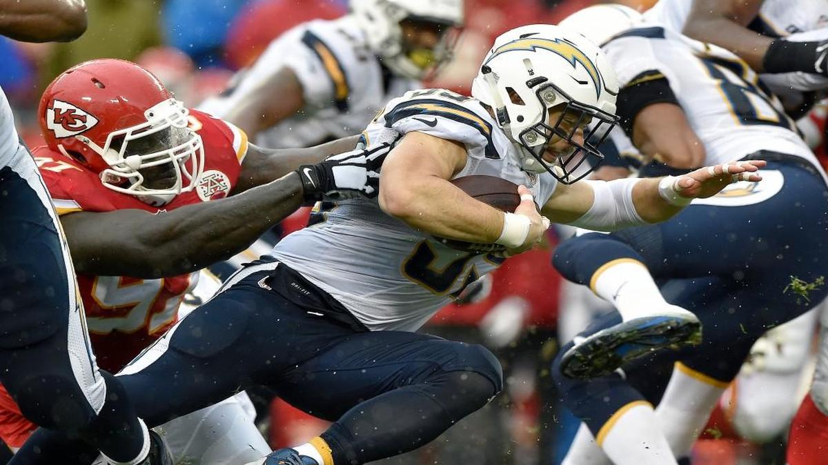Kansas City Chiefs defensive end Allen Bailey pulled down San Diego Chargers running back Danny Woodhead short of a first down in the first quarter of Sunday’s game at Arrowhead Stadium.