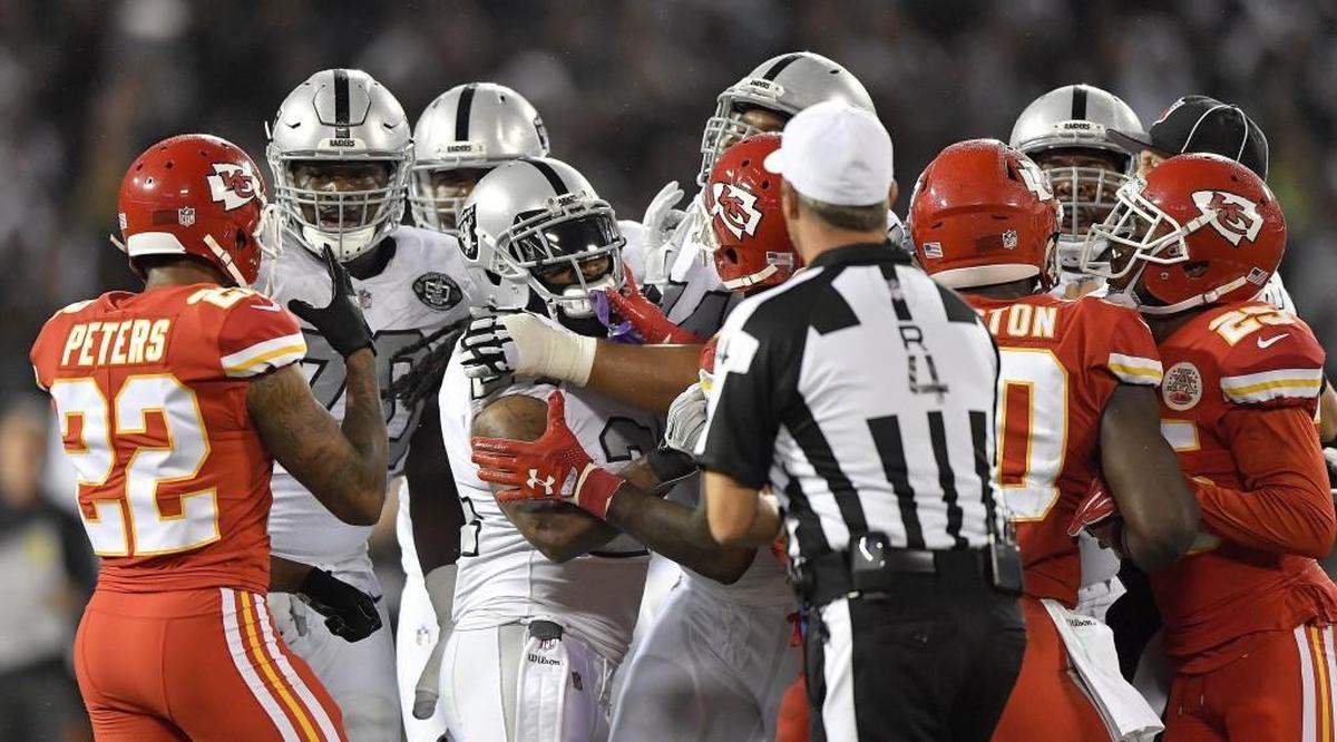 In one of the strangest scenes you’ll ever see on a football field, Raiders running back Marshawn Lynch ran onto the field last week to protect Peters, who plays for the opposing team but like Lynch hails from Oakland, from members of Lynch’s own team.