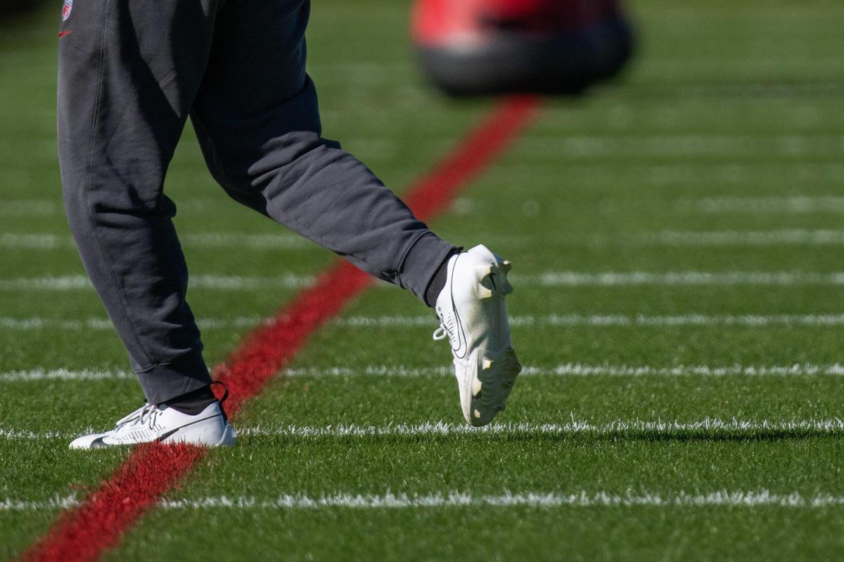 A red line is painted on the practice field at the Chiefs practice facility. The line gives receivers a boundary on pass routes so they don’t run out of bounds during the play.