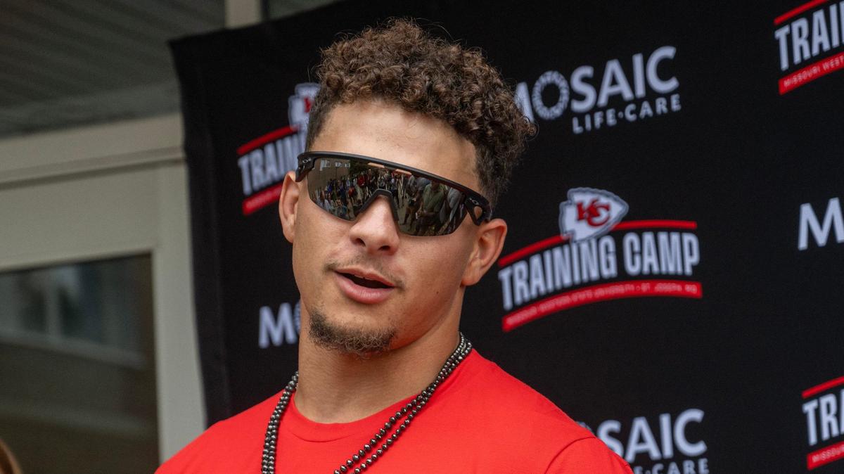 Kansas City Chiefs quarterback Patrick Mahomes answers questions from the media outside Scanlon Hall during the first day of Chiefs training camp at Missouri Western State University on Tuesday, July 16, 2024, in St. Joseph.