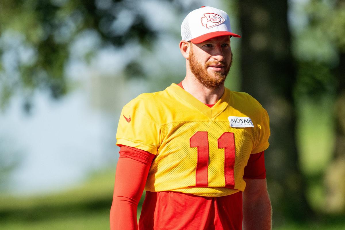 Kansas City Chiefs quarterback Carson Wentz (11) walks to the field for Chiefs training camp on Thursday, July 18, 2024, in St. Joseph.