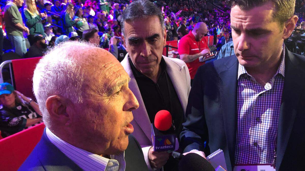 Philadelphia Eagles owner Jeffrey Lurie speaks to reporters during Super Bowl LVII Opening Night on Monday, Feb. 6, 2023 at Footprint Center in Phoenix, Arizona.