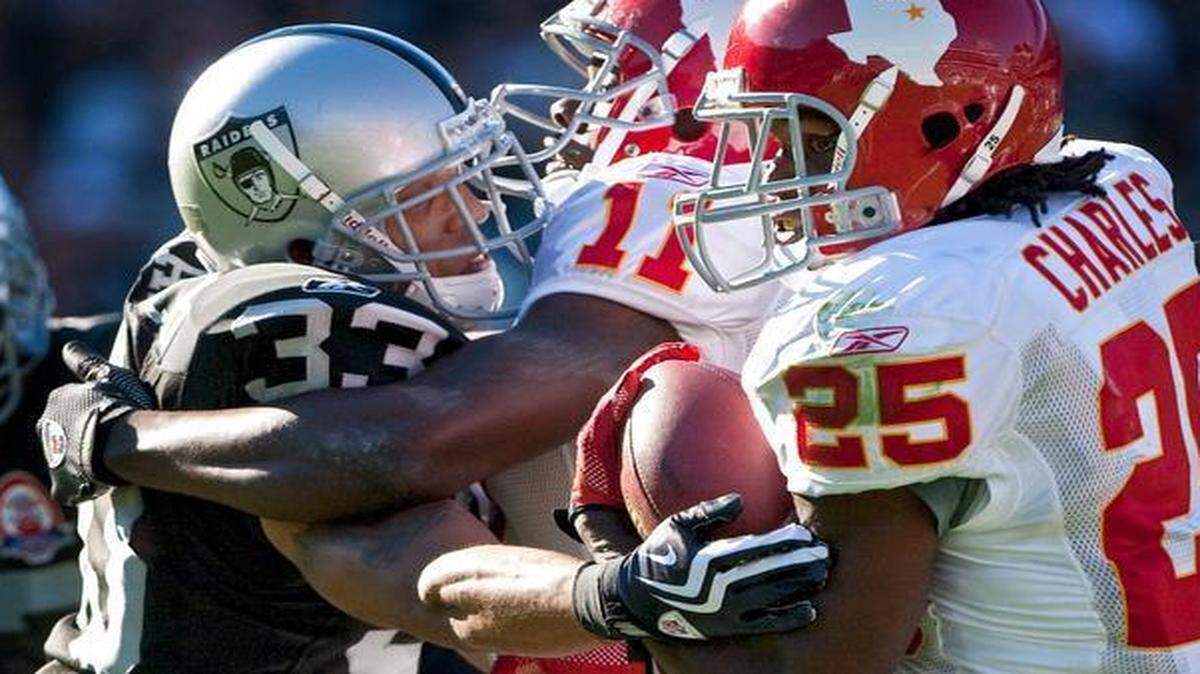 
Safety Tyvon Branch (left) will be wearing red instead of silver and black next season as he joins the Kansas City Chiefs.
