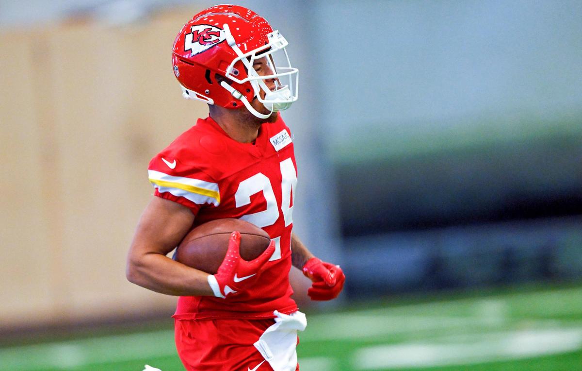 Chiefs receiver Skyy More goes through a drill during training camp at Missouri Western State University on Wednesday, Aug. 9, 2023, in St. Joseph, Missouri.