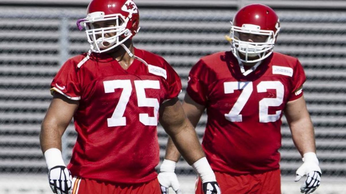 
Jah Reid (left) may start for Eric Fisher at right tackle Sunday.
