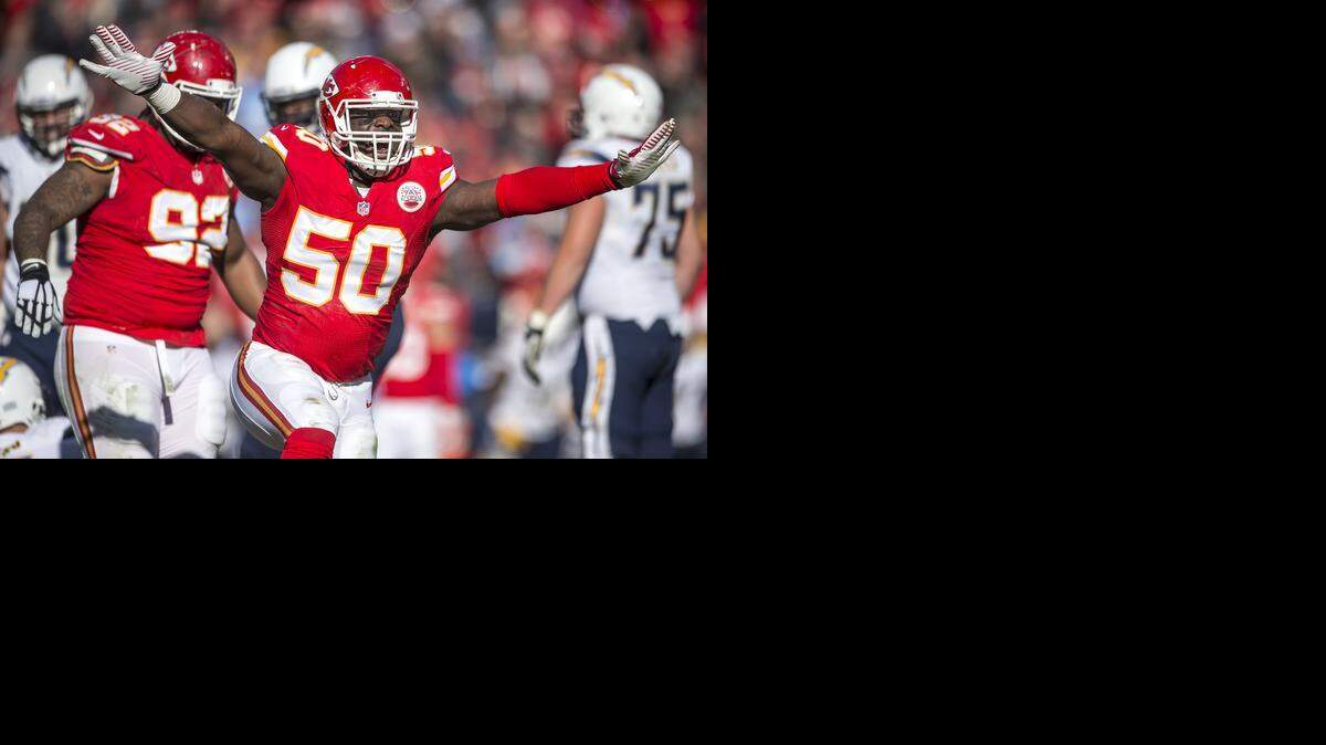 
Kansas City Chiefs outside linebacker Justin Houston (50) celebrated his second quarter sack of San Diego Chargers quarterback Philip Rivers (17) in NFL action on December 28, 2014 at Arrowhead Stadium in Kansas City, Mo. Houston set the Chiefs' franchise sack record with 22 sacks. The Chiefs won 19-7.
