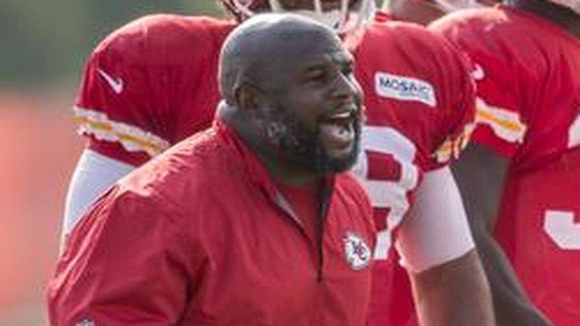 
Chiefs running backs coach Eric Bieniemy shouted during drills between running backs and linebackers during training camp at Missouri Western State in St. Joseph.
