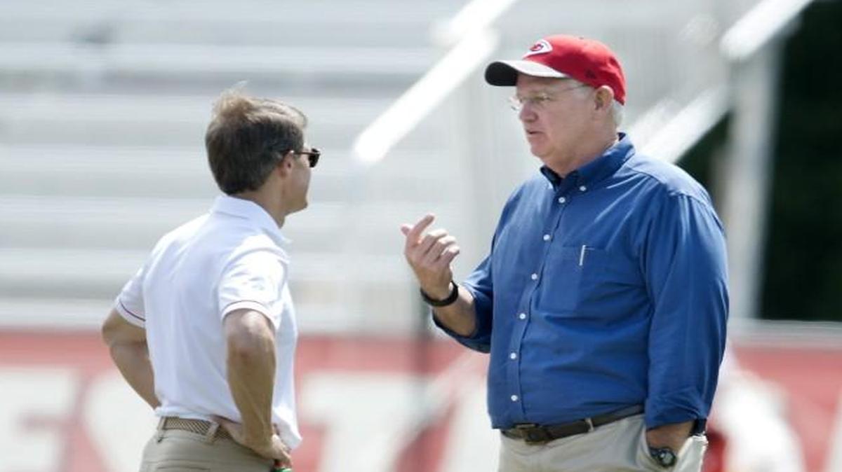 Chiefs CEO and chairman Clark Hunt (left) talked with Missouri Gov. Jay Nixon after practice Saturday during training camp at Missouri Western State University in St. Joseph.