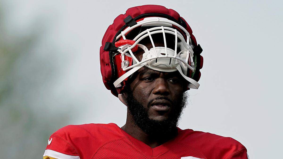 Kansas City Chiefs offensive tackle Roderick Johnson arrives at NFL football training camp Monday, Aug. 15, 2022, in St. Joseph, Mo.