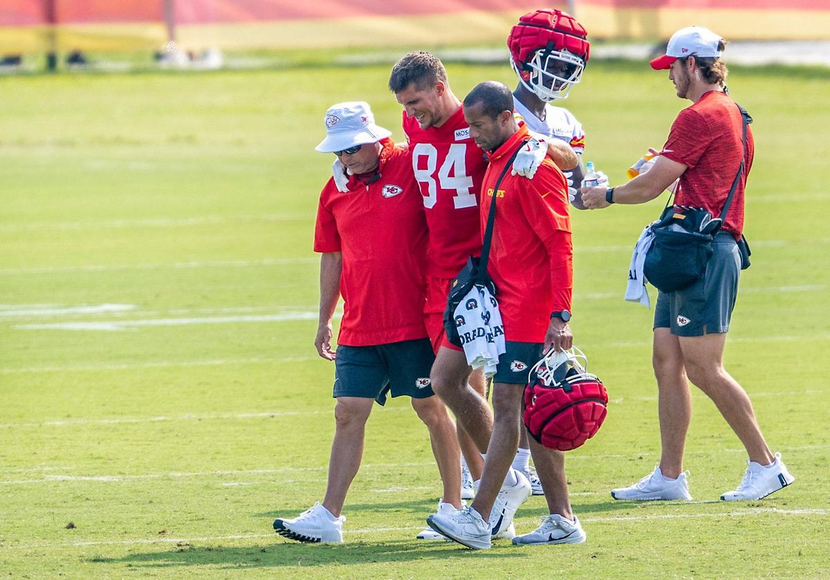 Chiefs wide receiver Justin Watson (84) was helped off the field after he was injured during training camp at Missouri Western State University on Wednesday, July 24, 2024, in St. Joseph.