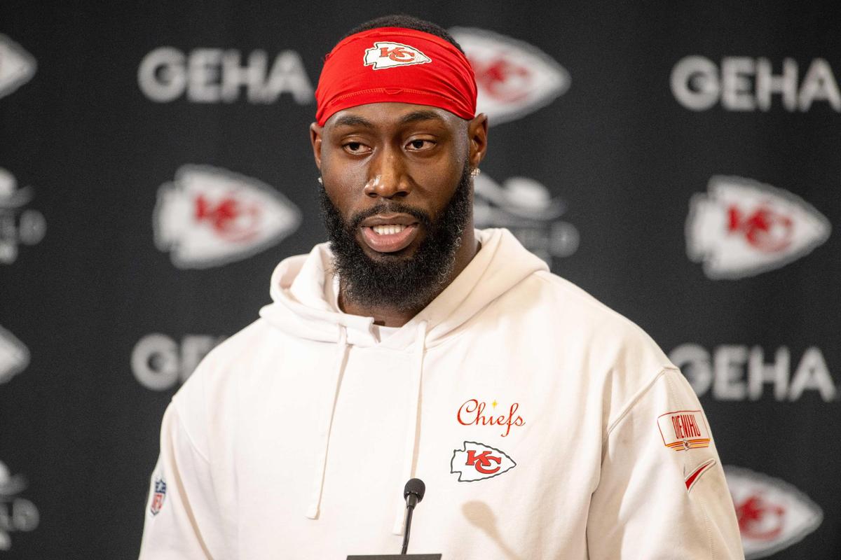 Kansas City Chiefs defensive end Charles Omenihu (90) speaks at the podium after practice at the Chiefs training facility on Friday, Jan. 24, 2025.
