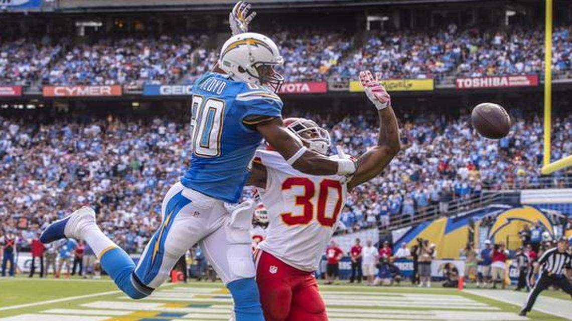 
Kansas City Chiefs defensive back Jamell Fleming broke up a pass attempt in the end zone intended for San Diego Chargers wide receiver Malcom Floyd on Sunday.
