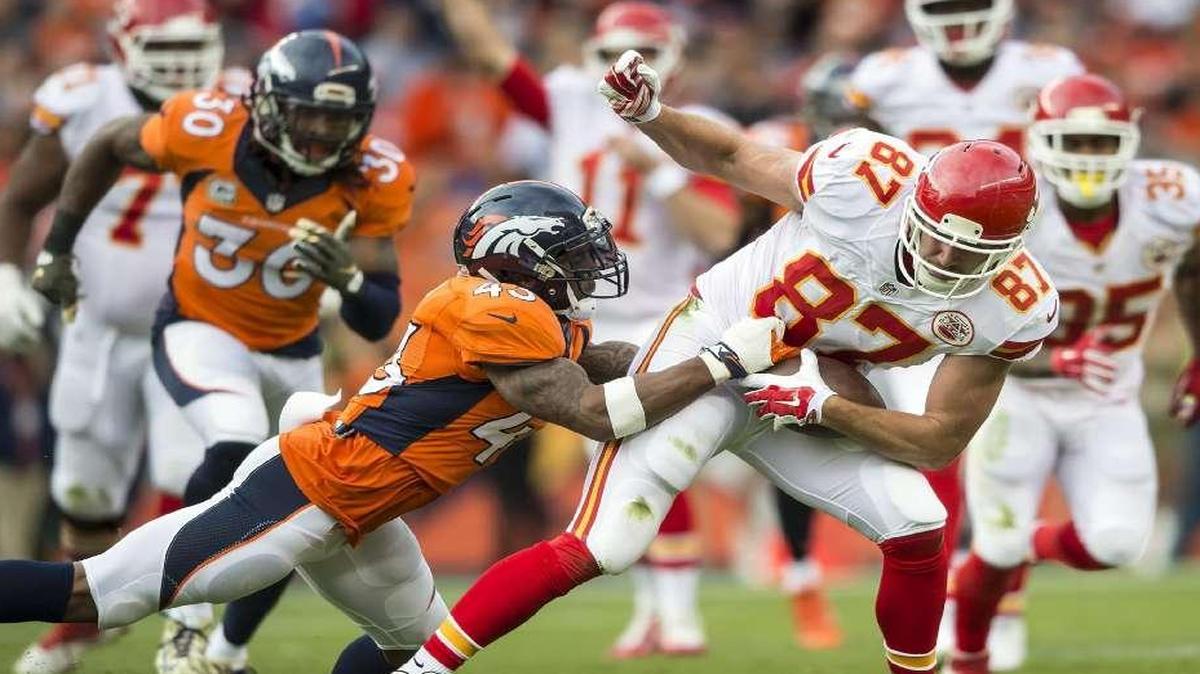 Chiefs tight end Travis Kelce caught a second-quarter pass and was tackled by Broncos safety T.J. Ward in last season’s game at Denver. Ward ended up being ejected late in the game for taking a swing at receiver Jeremy Maclin.