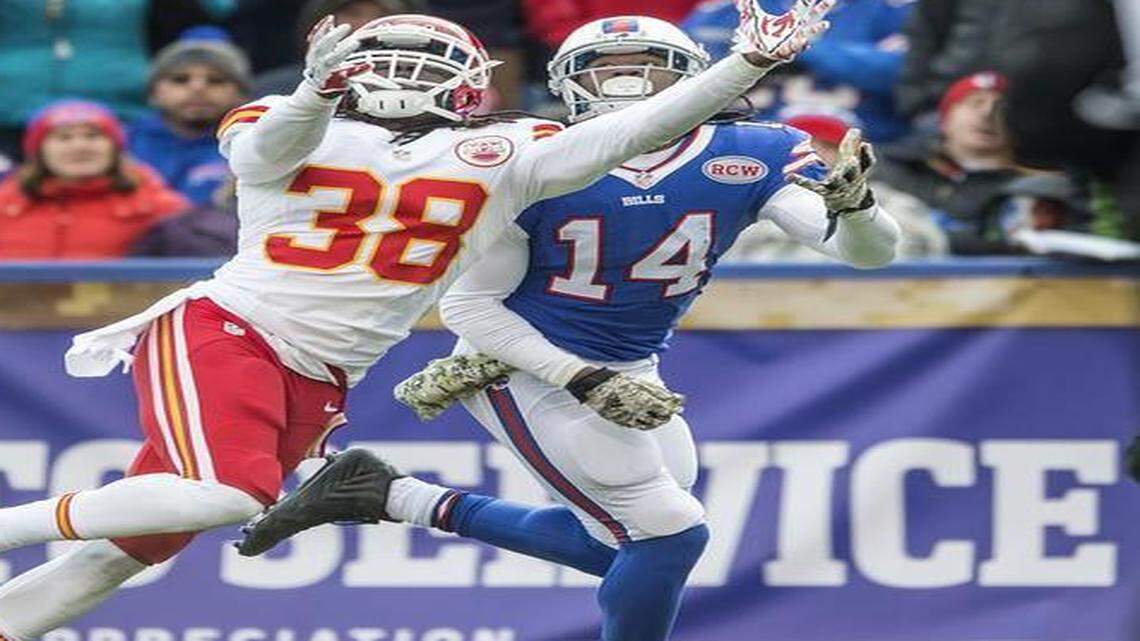 
Kansas City Chiefs strong safety Ron Parker (38) held Buffalo Bills wide receiver Sammy Watkins (14) to four catches on 10 targets on Nov. 9 at Ralph Wilson Stadium in Orchard Park, NY.
