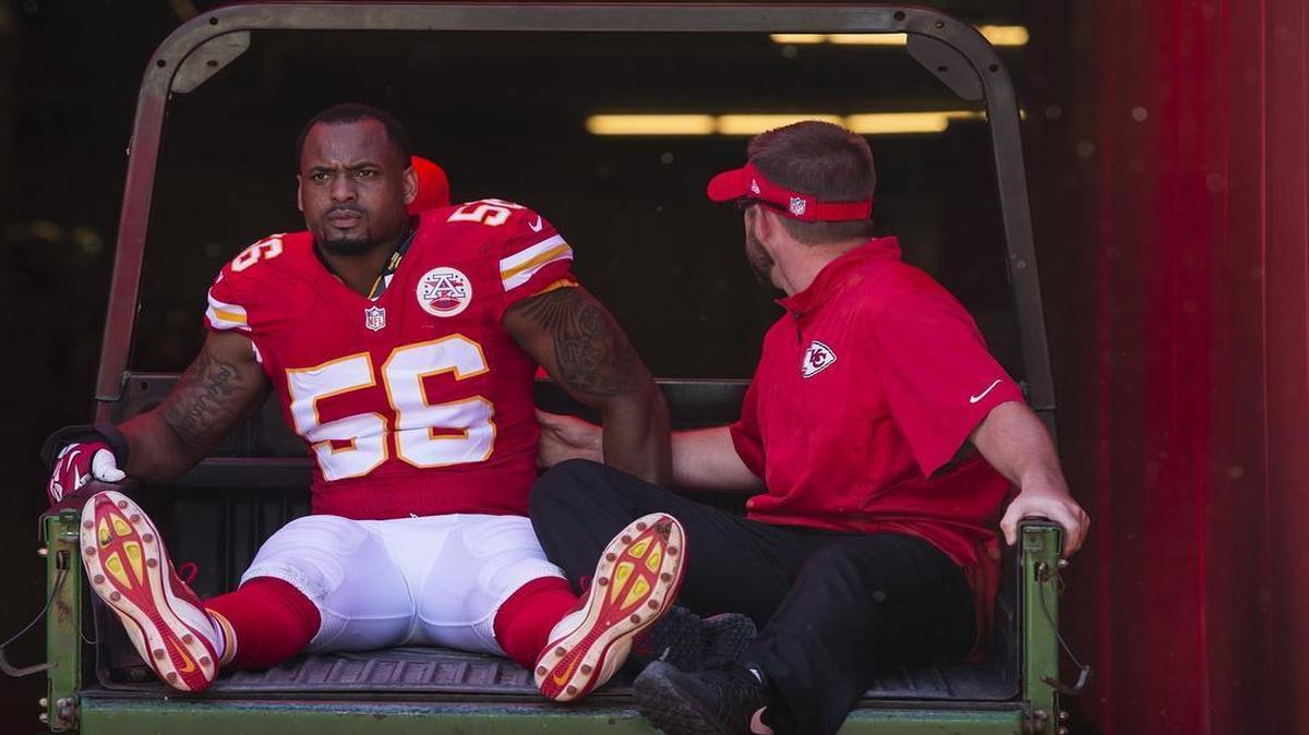 
Chiefs inside linebacker Derrick Johnson was carted off the field late in the second quarter against Tennessee during week one in 2014.
