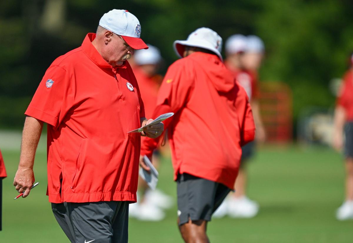 Chiefs Head Coach Andy Reid walks during training camp at Missouri Western State University on Monday, Aug. 5, 2024, in St. Joseph.