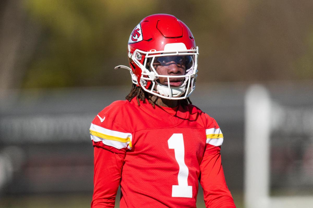 Kansas City Chiefs WR Xavier Worthy between practice drills at Chiefs practice on Thursday, Nov. 14, 2024.
