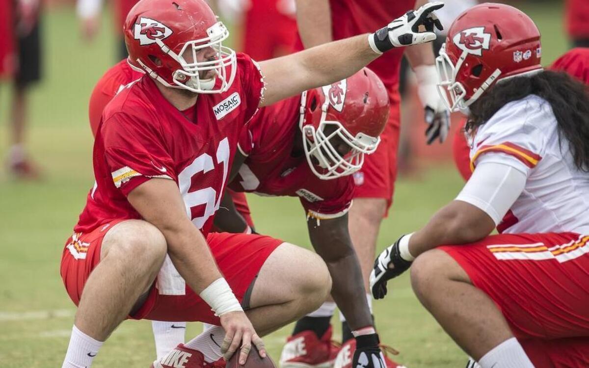 
Kansas City Chiefs center Mitch Morse (left) worked with the starting offensive line again during the team’s training camp practice Monday at Missouri Western State University in St. Joseph.
