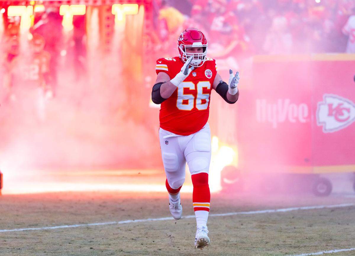 Kansas City Chiefs guard Mike Caliendo (66) against the Buffalo Bills in the AFC Championship game on Jan. 26, 2025, at GEHA Field at Arrowhead Stadium in Kansas City.