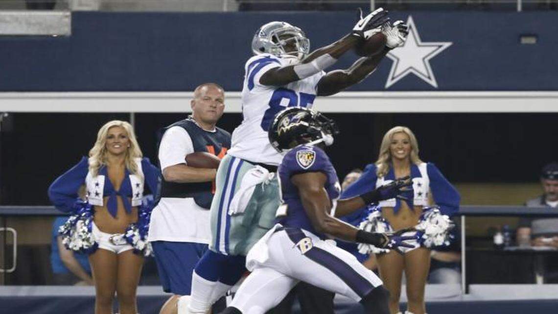 
Dallas Cowboys wide receiver Jamar Newsome made a reception against Baltimore Ravens defensive back Deji Olatoye on Aug. 16, 2014, in Arlington, Texas in a preseason game. The Chiefs signed Olatoye to their practice squad Thursday.
