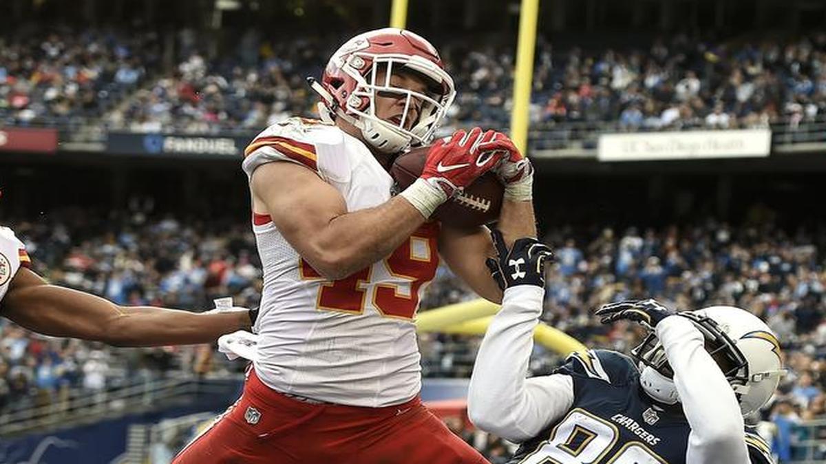 Kansas City Chiefs defensive back Daniel Sorensen (49) intercepted a pass intended for San Diego Chargers wide receiver Isaiah Burse (89) in the second quarter on January 1, 2017 at Qualcomm Stadium in San Diego.