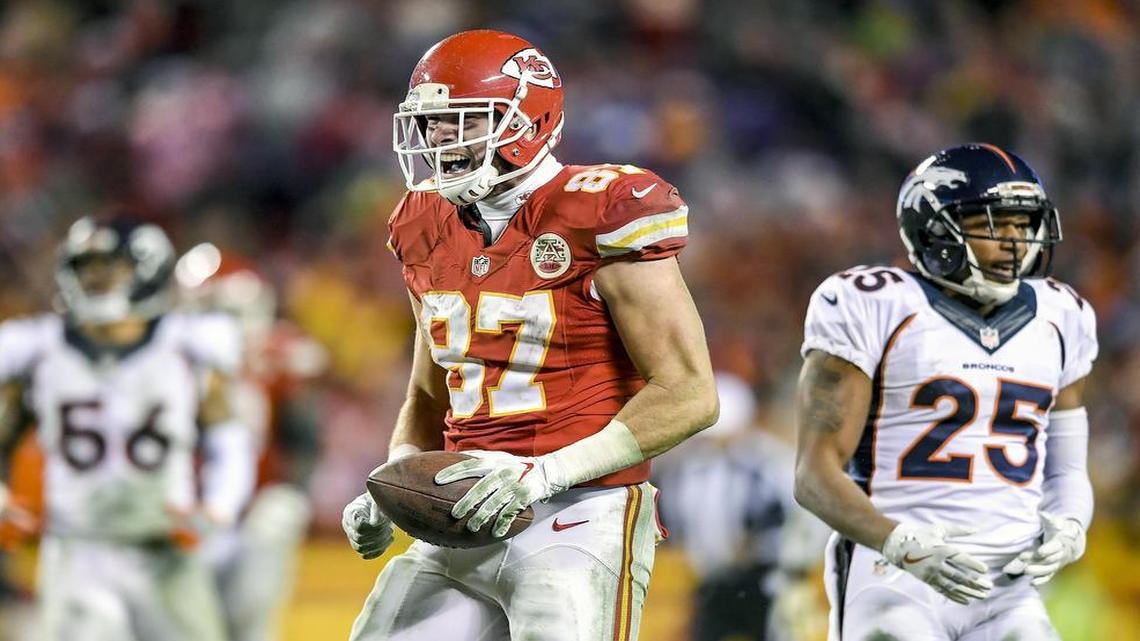 Kansas City Chiefs tight end Travis Kelce celebrated a long run against the Denver Broncos defense last season at Arrowhead Stadium in Kansas City.