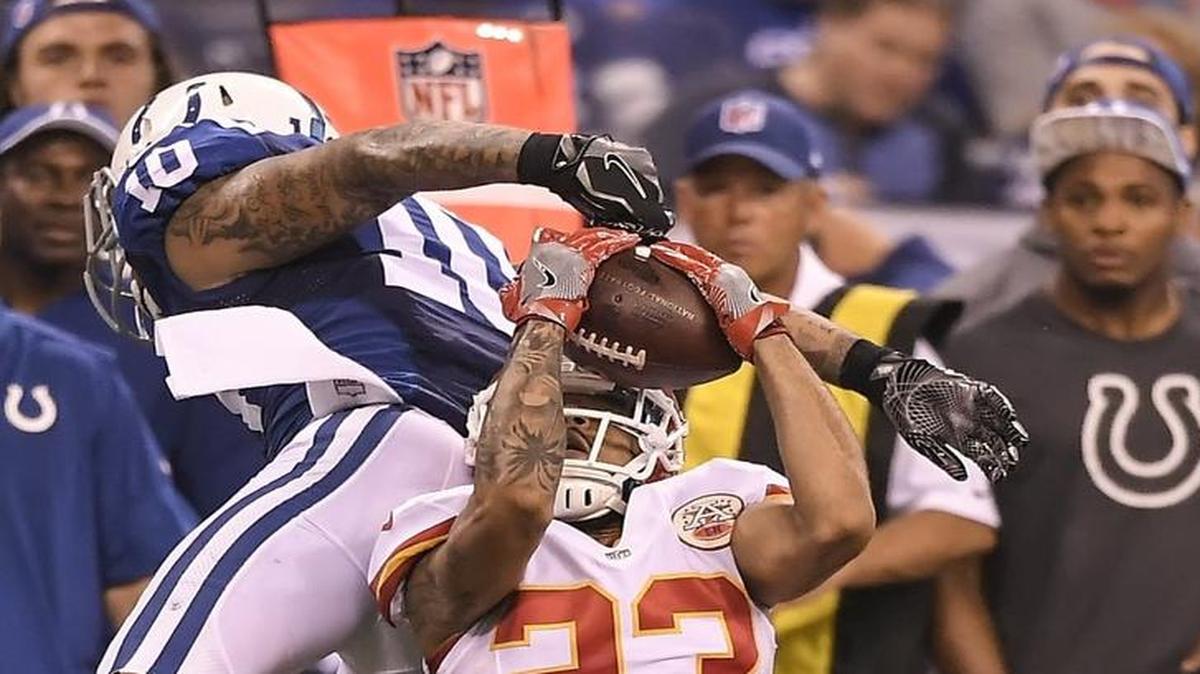 Kansas City Chiefs cornerback Phillip Gaines intercepted a pass intended for Indianapolis Colts wide receiver Donte Moncrief during a game in October.