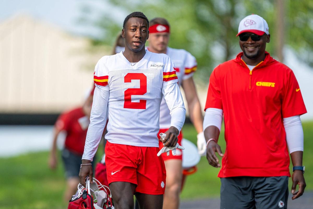 Chiefs cornerback Joshua Williams (2) arrives for practice during training camp at Missouri Western State University on Wednesday, July 24, 2024, in St. Joseph.